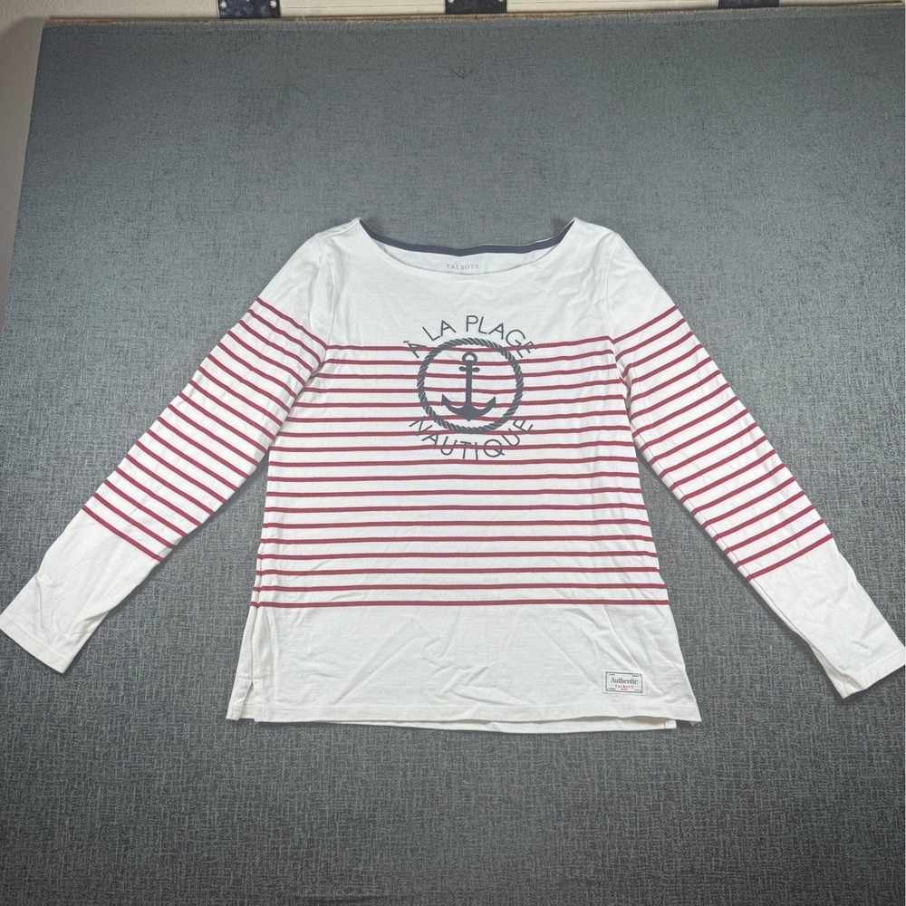 Talbots Womens Red White Striped Nautical Anchor Long Sleeve Cotton Top Medium